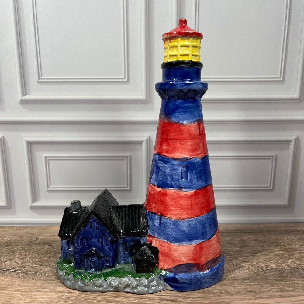 Hand Painted Ceramic Lighthouse Coin Bank Red Blue Yellow Coastal Decor